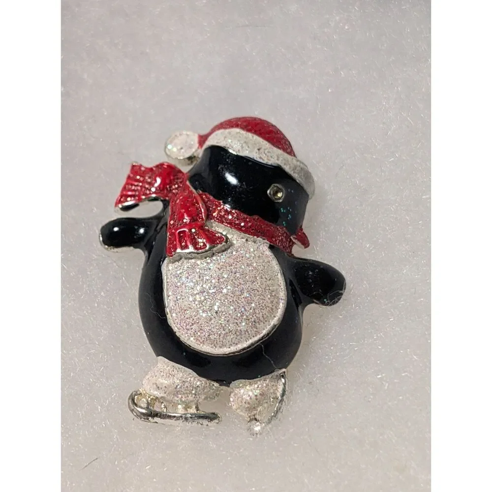 Penguin Silver Tone Brooch with Ice Skates and Christmas Hat